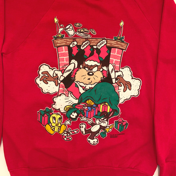 Vintage Jerzees Looney Tunes Christmas Tasmanian Devil Santa Chimney Men Sz XL - Picture 4 of 5